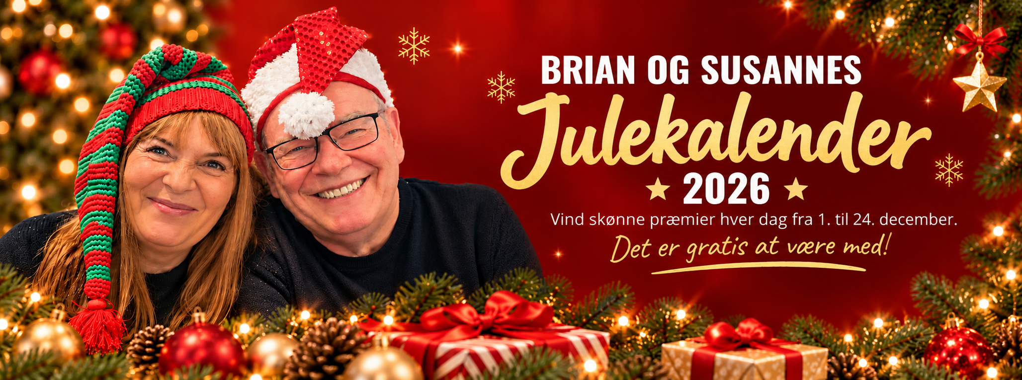 Faglige Seniorers r med julehuer bag pyntede fyrretræsgrene, der reklamerer for Brian og Susannes julekalender 2026.