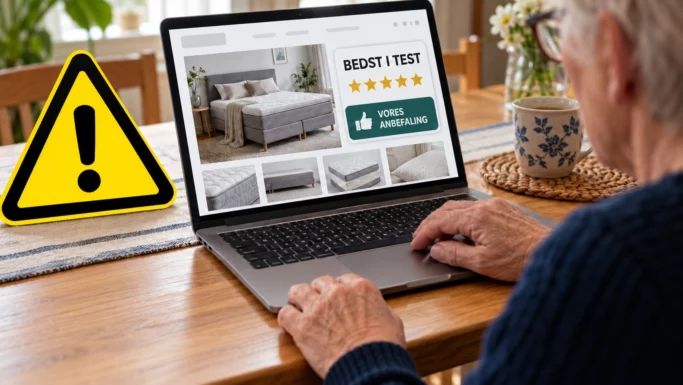 En person bruger en bærbar computer til at besøge en hjemmeside om madrasser, hvor der er en Best in Test-vurdering og et stort gult advarselsskilt, der gør opmærksom på almindelige faldgruber og råd i forbindelse med netkøb.