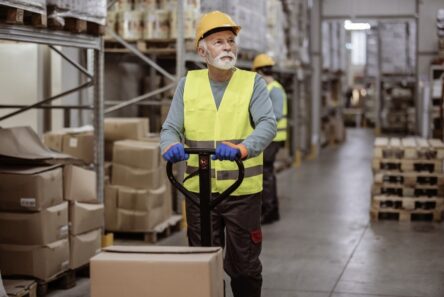 En lagermedarbejder iført en gul sikkerhedsvest og en sikkerhedshjelm betjener en pallevogn i en gang fyldt med papkasser, hvilket afspejler den indvirkning, som diskussionerne om bundskat og FH-afgiften har på branchen.