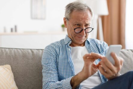 En ældre mand med briller, der kigger nøje på en MobilePay-skærm på sin smartphone, mens han sidder i en sofa.