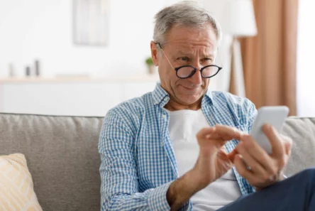 En ældre mand med briller, der kigger nøje på en MobilePay-skærm på sin smartphone, mens han sidder i en sofa.