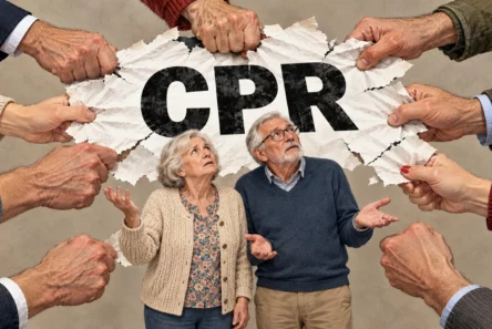Et ældre ægtepar ser op på et dokument, der holdes af mange hænder, og hvor der står et CPR-nummer, som angiver deres personlige identifikationsnummer.