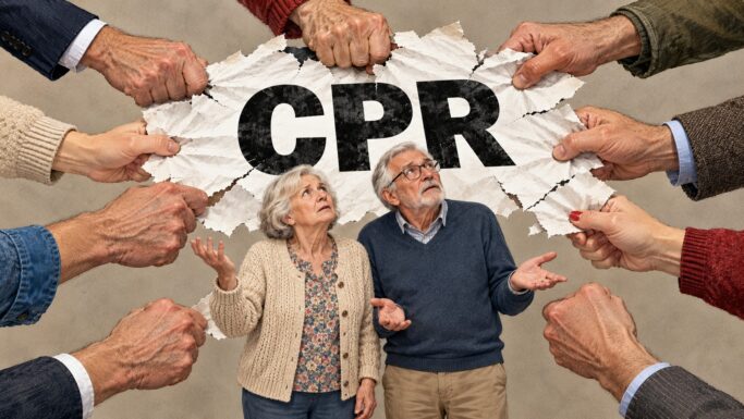 Et ældre ægtepar ser op på et dokument, der holdes af mange hænder, og hvor der står et CPR-nummer, som angiver deres personlige identifikationsnummer.