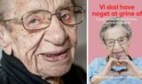 Bogomslag med et portræt af Kirsten Schwalbe, kendt som Danmarks ældste, der danner et hjerte med hænderne, sammen med den danske titel Vi skal have noget at grine af og forfatternavnene.