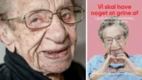 Bogomslag med et portræt af Kirsten Schwalbe, kendt som Danmarks ældste, der danner et hjerte med hænderne, sammen med den danske titel Vi skal have noget at grine af og forfatternavnene.