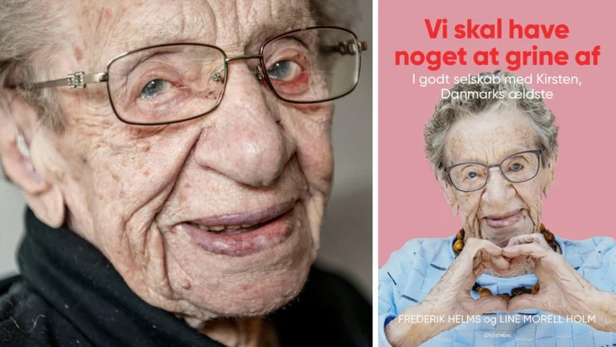 Bogomslag med et portræt af Kirsten Schwalbe, kendt som Danmarks ældste, der danner et hjerte med hænderne, sammen med den danske titel Vi skal have noget at grine af og forfatternavnene.