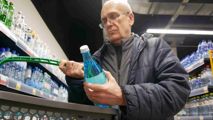En mand i en mørk jakke tjekker prisen på en blå vandflaske i et supermarked, mens han sammenligner priserne på madpriser.