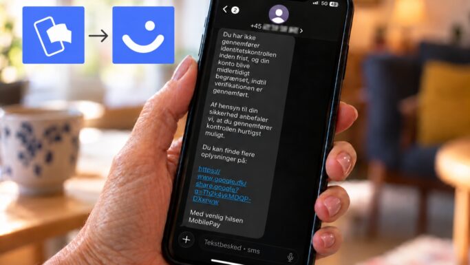 En hånd holder en smartphone, hvor der vises en falsk sms, der hævder, at en MobilePay-konto er blevet spærret, og som indeholder et mistænkeligt link.