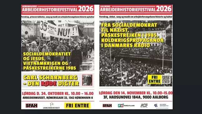 To plakater til den gratis Arbejderhistoriefestival 2026 i København og Aalborg, med oplysninger om datoer, spillesteder og emner for de historiske foredrag om arbejderhistorie.