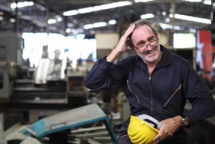 En smilende mand i en mørk overalls og briller står med en gul sikkerhedshjelm i hånden, mens han holder en pause på en fabrik og tænker over kravene til alderspension.