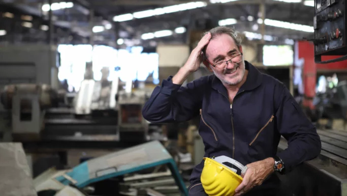 En smilende mand i en mørk overalls og briller står med en gul sikkerhedshjelm i hånden, mens han holder en pause på en fabrik og tænker over kravene til alderspension.