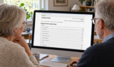 Et ældre par sidder ved et skrivebord og kigger på en computerskærm, hvor der vises borger.dk, mens de tjekker deres CPR-oplysninger på grund af bekymringer om sikkerheden.