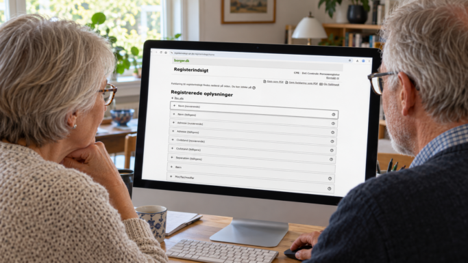 Et ældre par sidder ved et skrivebord og kigger på en computerskærm, hvor der vises borger.dk, mens de tjekker deres CPR-oplysninger på grund af bekymringer om sikkerheden.