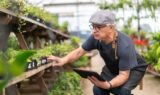 En mand iført forklæde og kasket sidder på hug i et drivhus og rører ved en potteplante, mens han holder en tablet i hånden, hvilket illustrerer, hvordan det er at arbejde som pensionist.