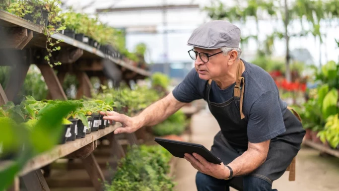 En mand iført forklæde og kasket sidder på hug i et drivhus og rører ved en potteplante, mens han holder en tablet i hånden, hvilket illustrerer, hvordan det er at arbejde som pensionist.