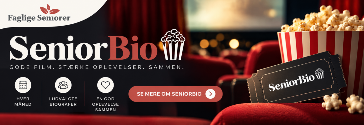 Faglig Senior med et bøtte popcorn og en biografbillet, samt ikoner for månedens arrangementer, deltagende biografer og en opfordringsknap.