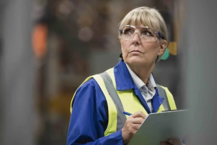 En kvinde iført sikkerhedsbriller og en refleksvest gennemgår de nye regler om alderspension, mens hun tager noter på et skriveunderlag i et industrimiljø.