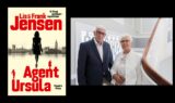 Bogomslag til *Agent Ursula* af Lis og Frank Jensen ved siden af et fotografi af forfatterne – en mand i blazer og en kvinde i en hvid jakke – der står ved en trappe med en automatisk kladde.