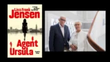 Bogomslag til *Agent Ursula* af Lis og Frank Jensen ved siden af et fotografi af forfatterne – en mand i blazer og en kvinde i en hvid jakke – der står ved en trappe med en automatisk kladde.