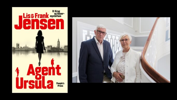 Bogomslag til *Agent Ursula* af Lis og Frank Jensen ved siden af et fotografi af forfatterne – en mand i blazer og en kvinde i en hvid jakke – der står ved en trappe med en automatisk kladde.